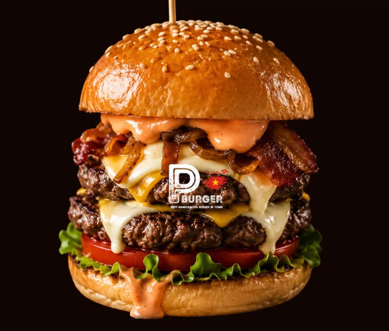Double Bacon Cheese Burger with two beef patties, bacon, cheddar and mozzarella